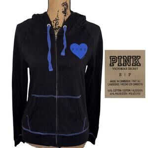 Victorias Secret PINK Contrast Stitch Zip Hoodie Black Blue Size Small Trendy